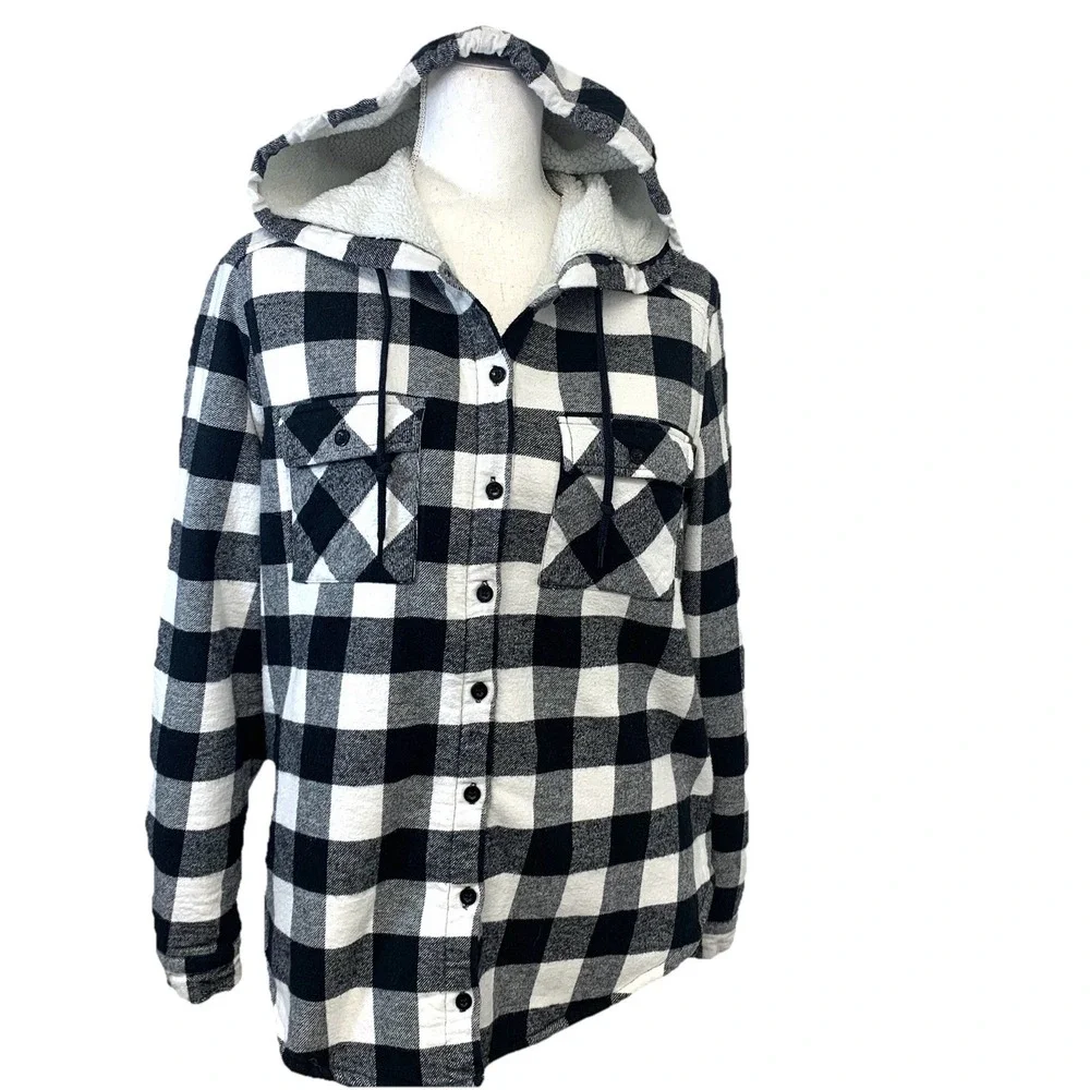 Blue Notes Sherpa Lined Buffalo Plaid Boyfriend Shirt Jacket Woman Large Hood - Picture 1 of 9